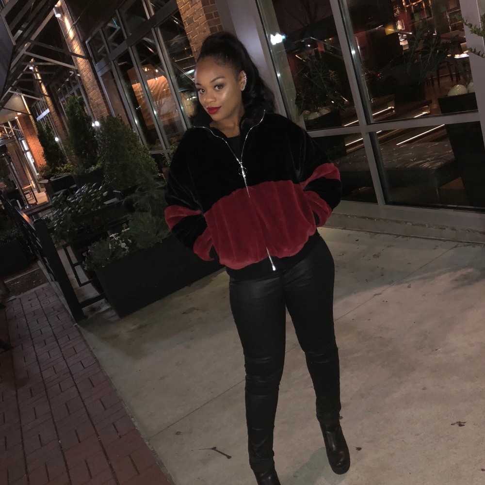 Black and Red Faux Fur Jacket